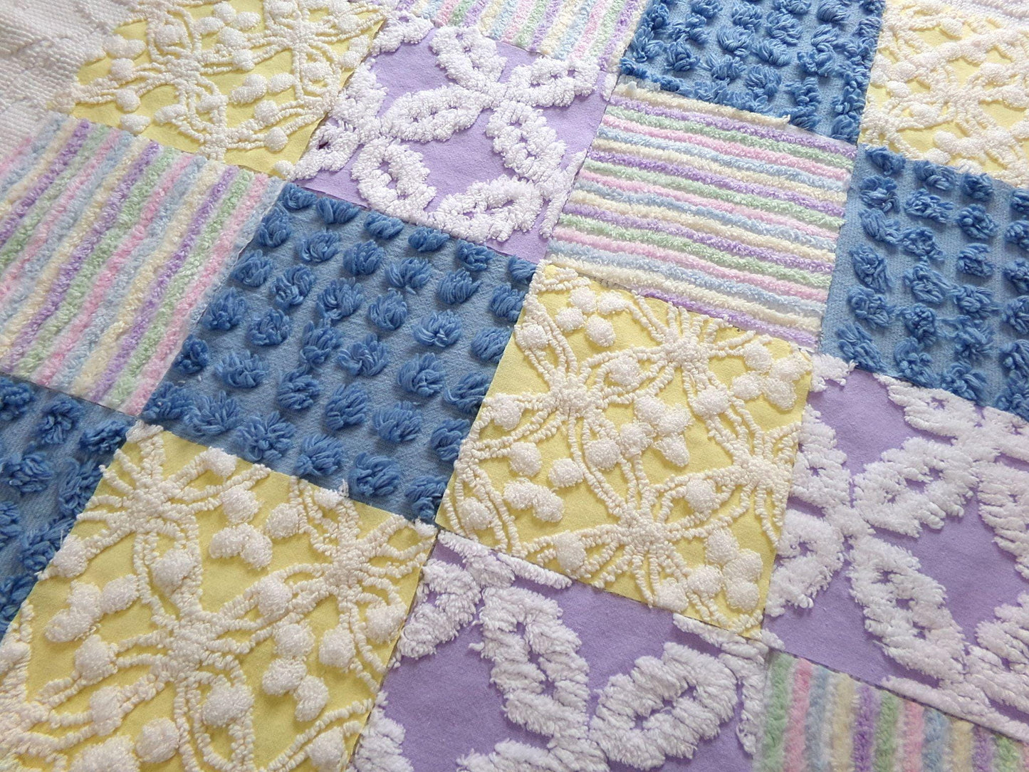 over the rainbow chenille fabric squares, set of 16 vintage quilt blocks 6" inches ea, dreamy serene blue, sunny yellow, soft lilac