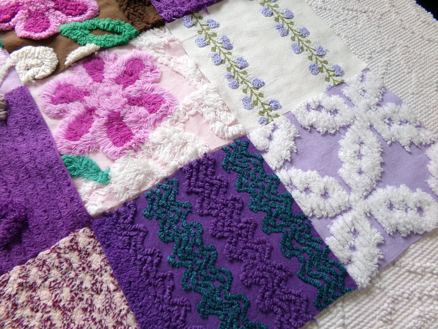 mystic moon vintage 6" chenille squares, set of 16 quilt blocks rotary cut from vintage chenille bedspread fabrics for quilt inlays, pillows