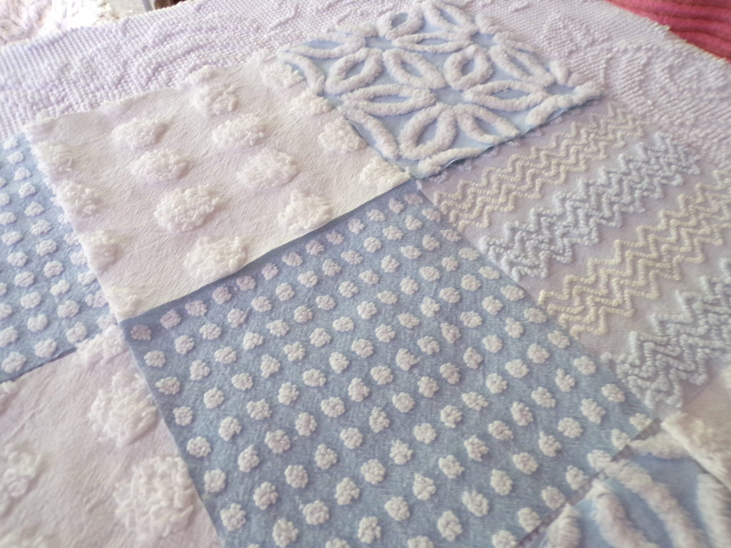 Blue Quilt Squares Set, Rotary Cut from Vintage Chenille Bedspread Fabric, 16 Blocks, 6" x 6" inch
