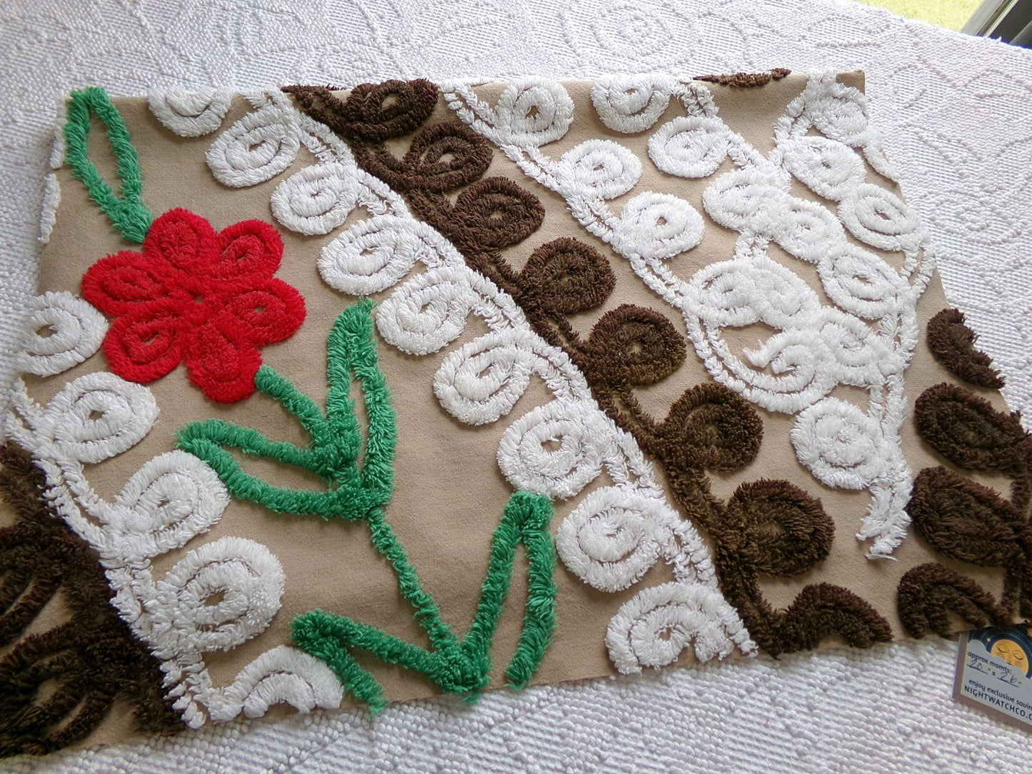vintage chenille fabric, chocolate cake with a cherry on top, 20" x 26" piece of cotton sewing material in red flower, mocha, brown & white