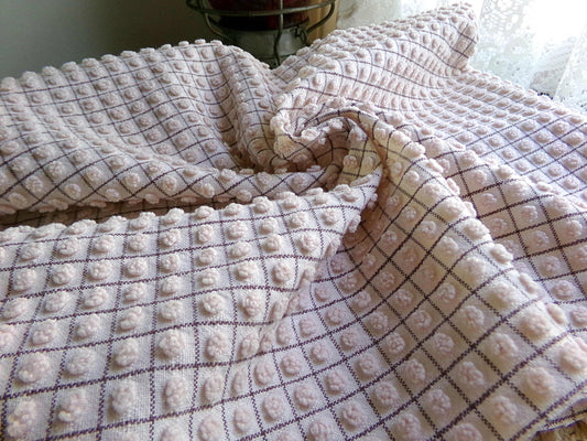 Tiny Mocha Pops Vintage Chenille Fabric, Neutral Color Chocolate Grids, 24" x 20" inches Piece, Cute in quilts, pillows, bags, doll clothes