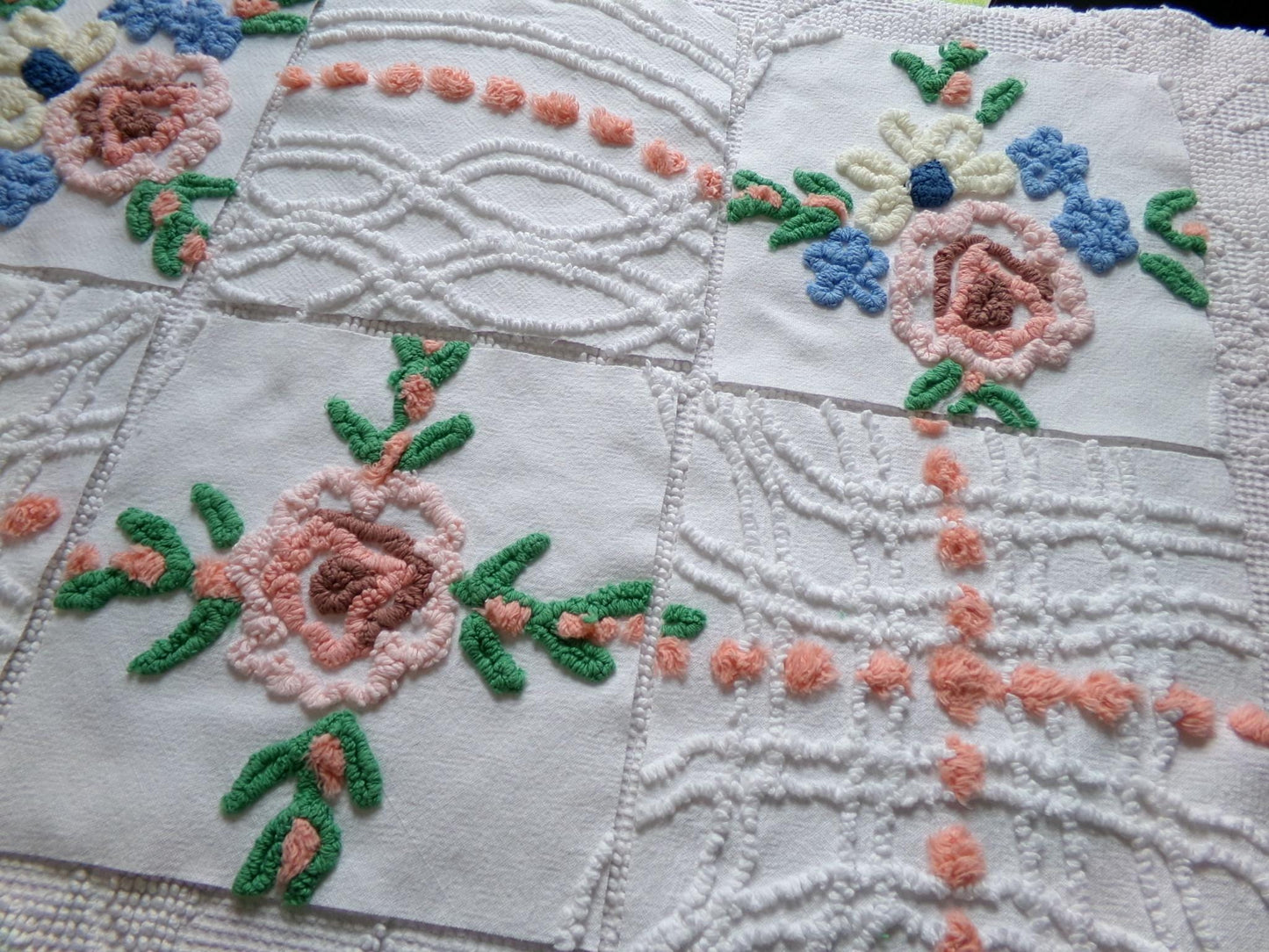 summer garden chenille fabric squares, set of 6 vintage 7.5" quilt blocks, peach, white rose floral & geometric for sewing, crafts, quilting