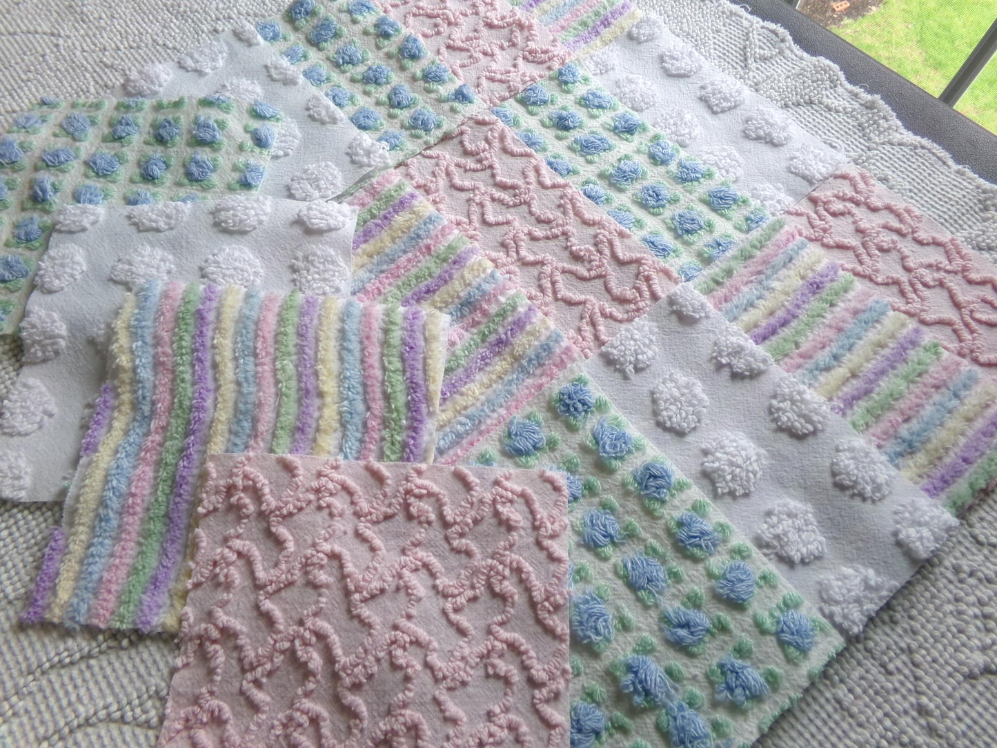 fairy fantasy chenille fabric squares, 16 vintage 6" quilt blocks in pastel rainbow, pink & blue rosebud, for sewing, crafts, fiber arts