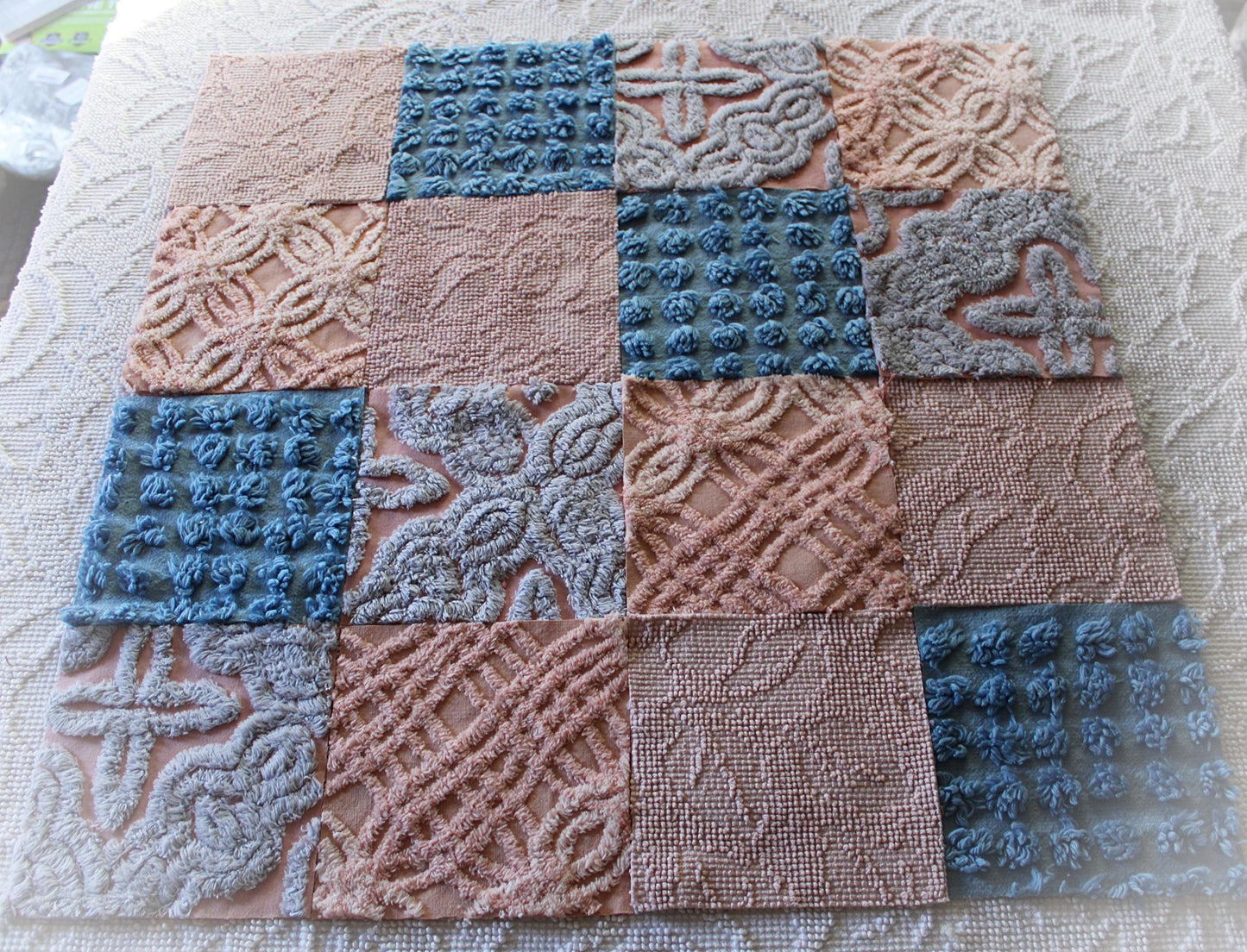 starry twilight chenille fabric squares, set of 16 vintage quilt blocks 6" inches ea, dreamy serene blue, rose mist, pink shades