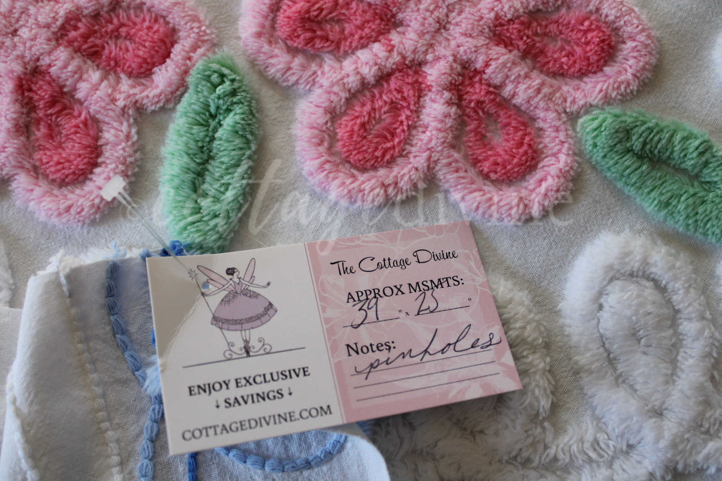 Adorable Pink & Blue Heart Roses Vintage Chenille Fabric, Classic 50s Design, 39" x 23" inch LARGE piece