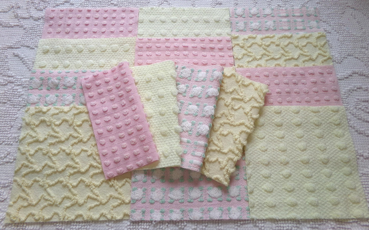 cheerful spring chenille fabric squares, set of 16 vintage pink & yellow quilt blocks 6" ea, rosebud, squiggles for crafts, quilting
