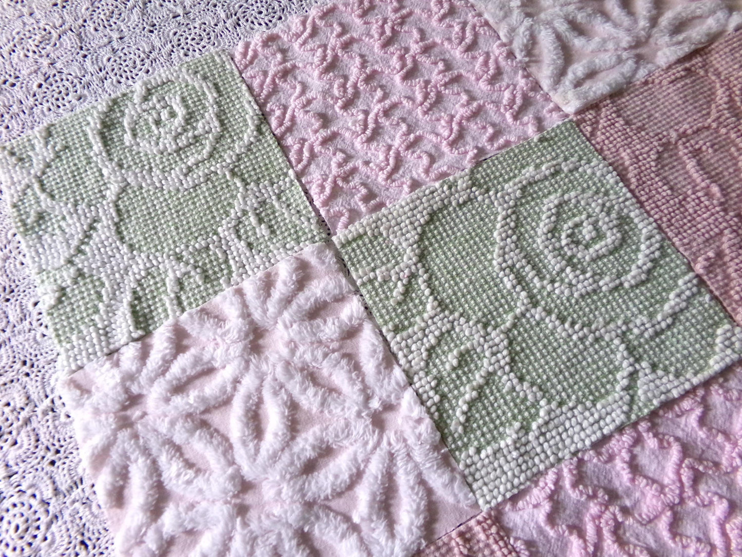 Garden Walk Chenille Quilt Squares Set from Vintage Bedspread Fabric, 16 Blocks, 6" inch in Sage Green, Pink, Rose Mist & Whispers of White