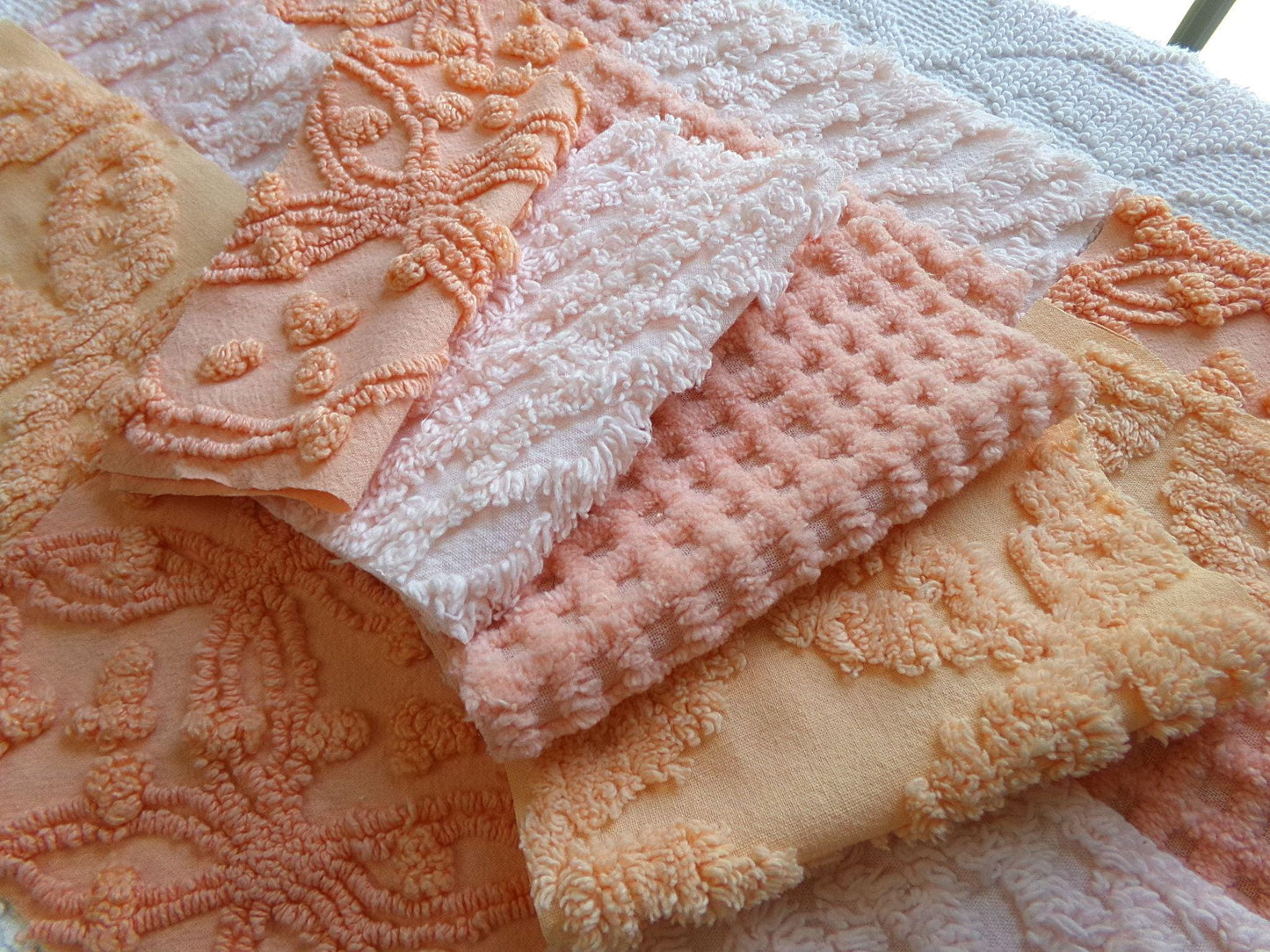 bliss peach chenille fabric squares, set of 16 vintage craft quilt blocks 6" inches, geometric designs for quilt inlays, pillows, fiber arts