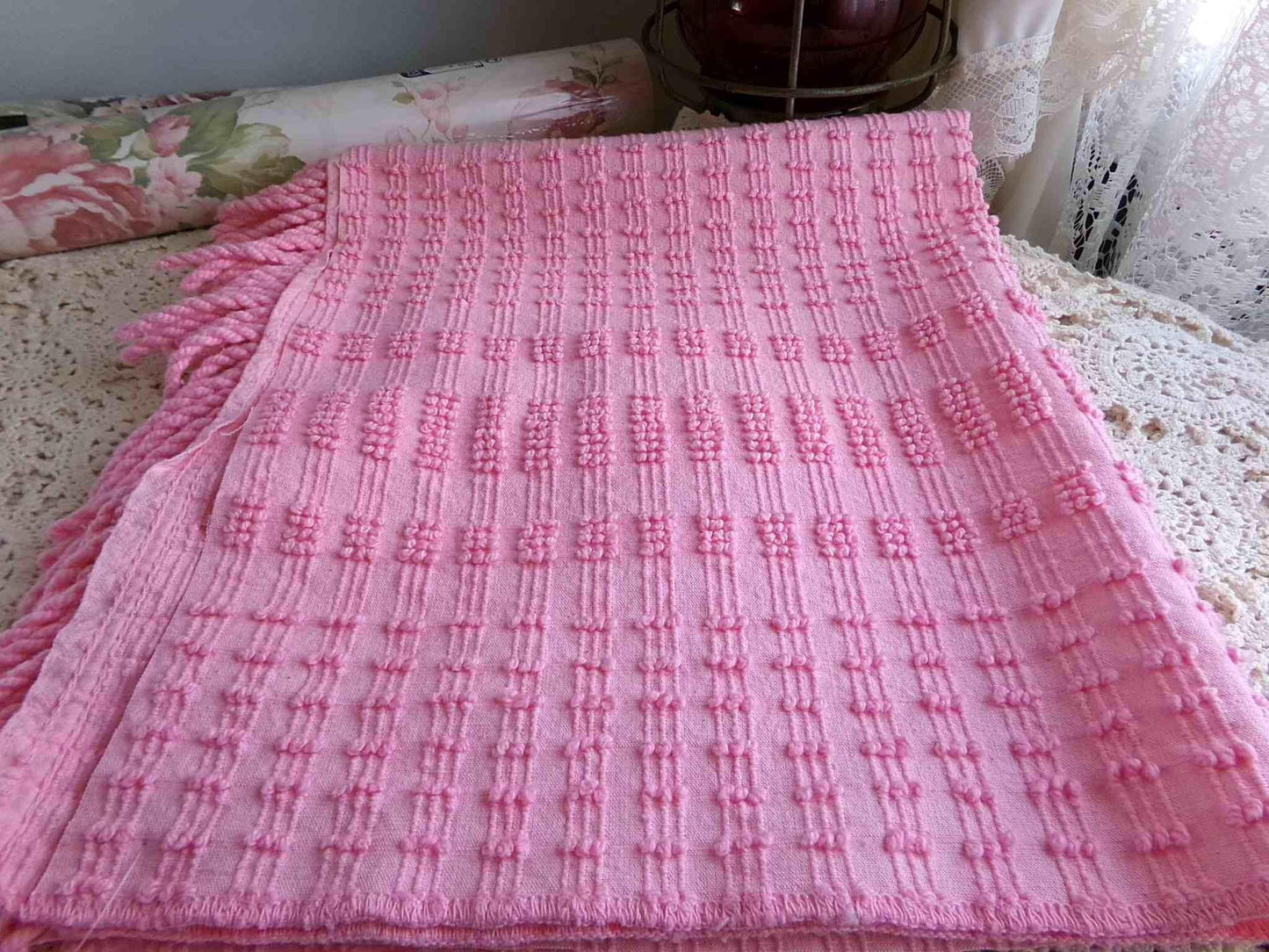 pink pearly pops vintage chenille fabric, 20" x 24" cut piece quilt material for sewing, crafts, upcycling, fun texture & unique design