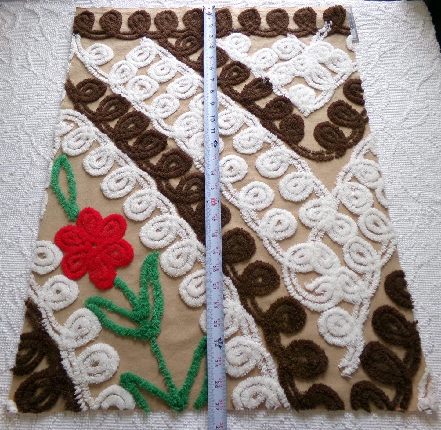 vintage chenille fabric, chocolate cake with a cherry on top, 20" x 26" piece of cotton sewing material in red flower, mocha, brown & white
