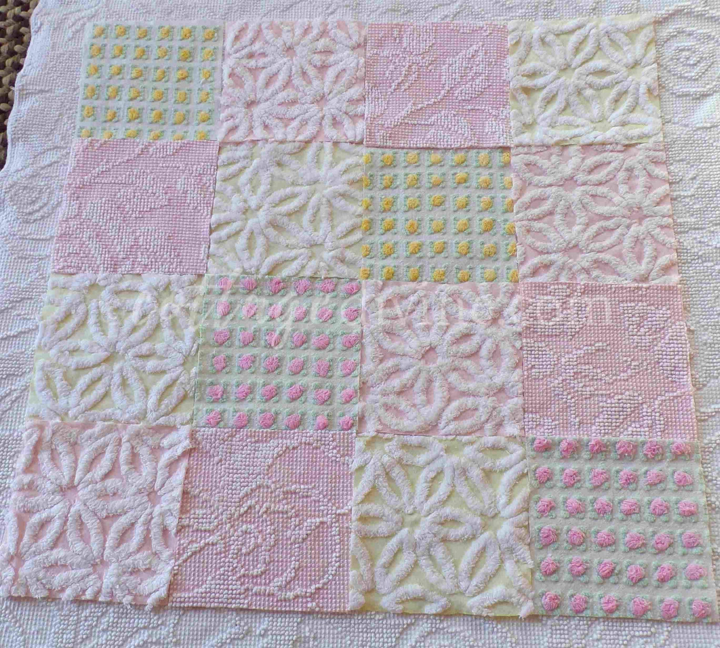 Chenille Fabric Squares Set, "Spring is in the Air", from Vintage Bedspread Fabrics, 16 Quilt Blocks, 6" inch, Cottage Pink, Yellow & White