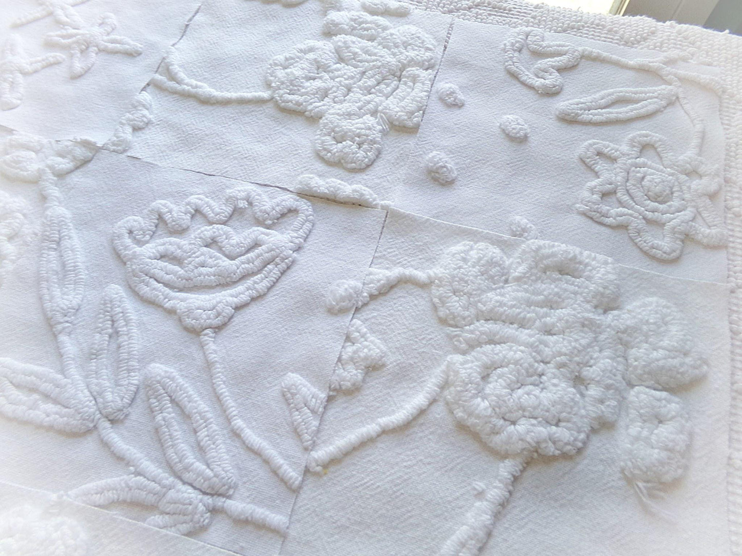 Vintage Chenille Fabric Squares in Rose Lily White Florals from Vintage Bedspread Fabric, Set of 16 Quilt Blocks, 6" x 6" inch