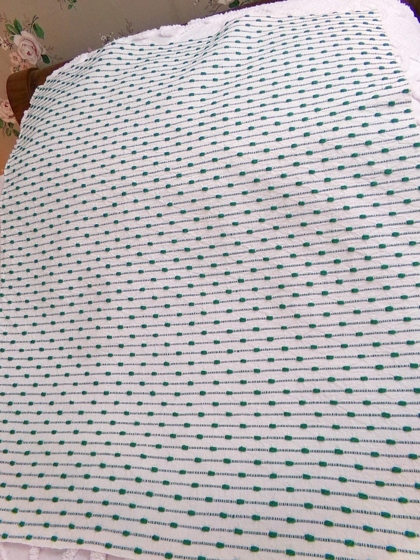 preppy kelly green textured fabric piece, vintage chenille raindrop dots on white woven cotton, great in quilts, xmas stockings, 20" x 25"