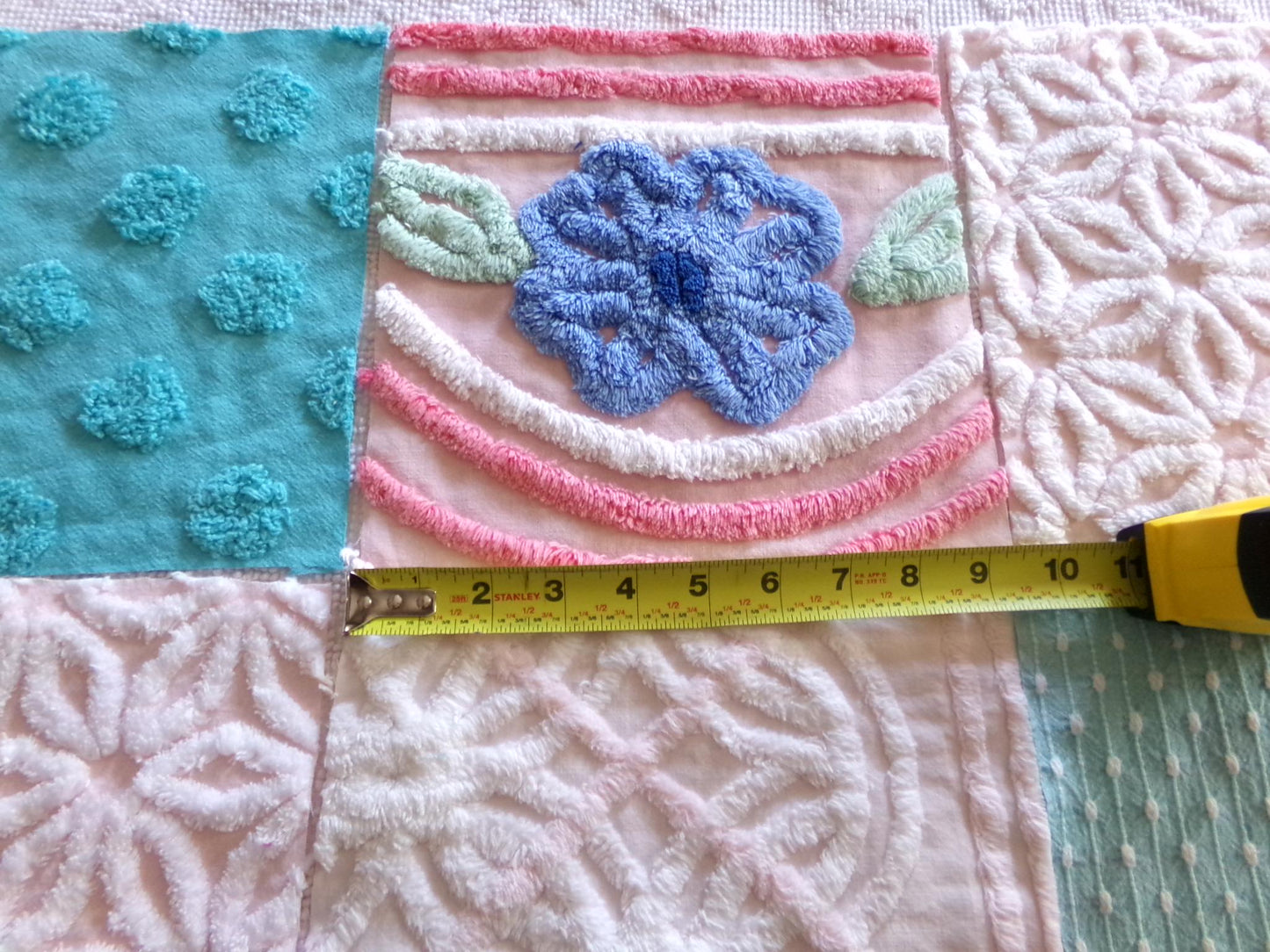 chenille fabric squares, set of 6 large 9.5" square quilt blocks from vintage chenille bedspreads, pretty daisy, plush floral, dots