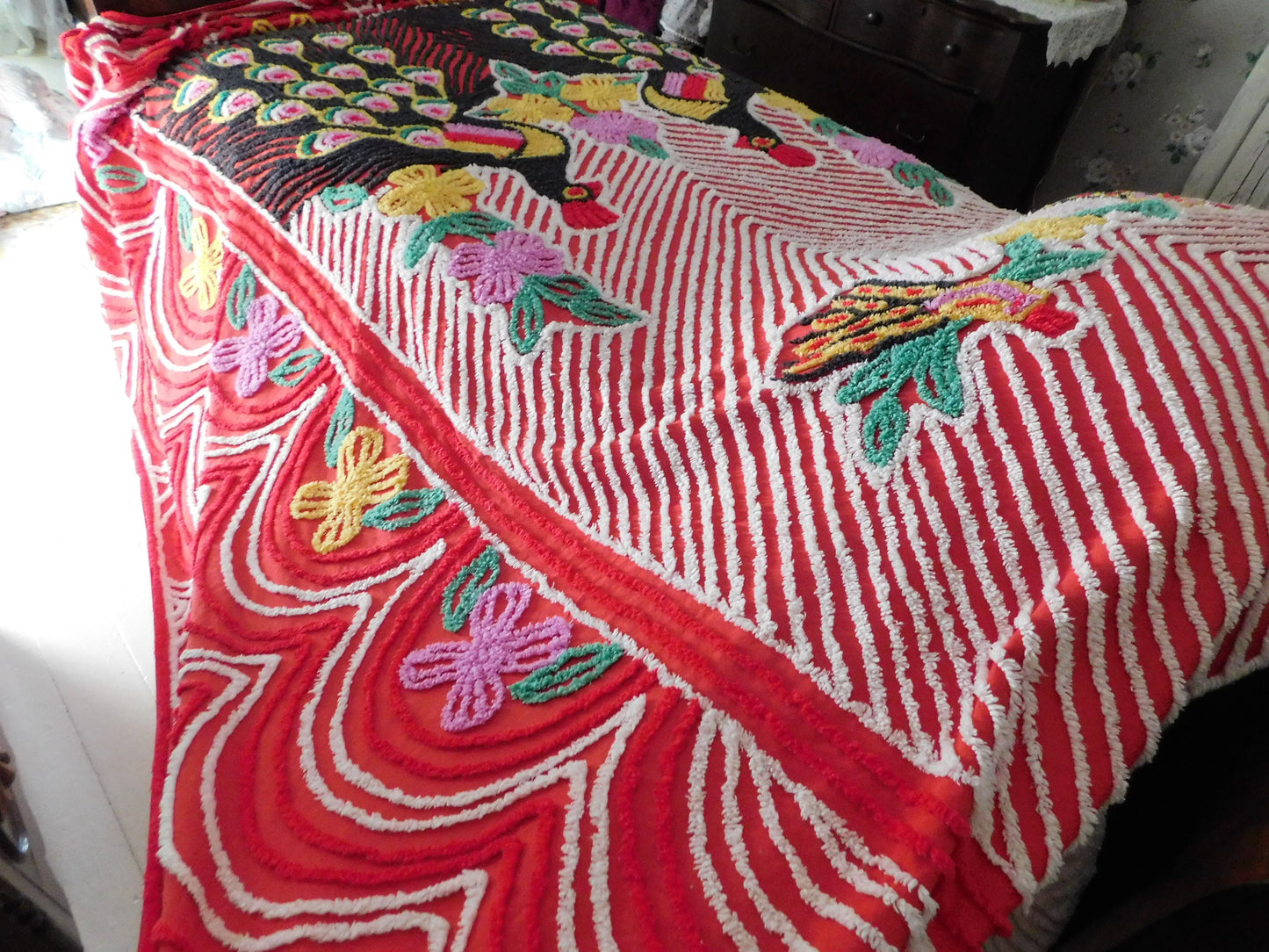 Vivid Red Peacock Vintage Chenille Bedspread, Rainbow Lovebirds with Gothic Black Feathers, 100% Cotton Full Size Bedding