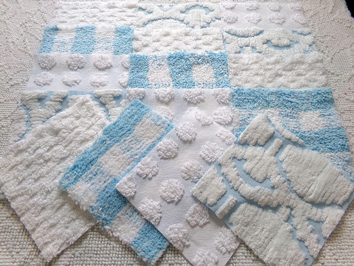 country gal chenille fabric squares, 16 vintage 6" quilt blocks in cool blue & white, for sewing, crafts, fiber arts