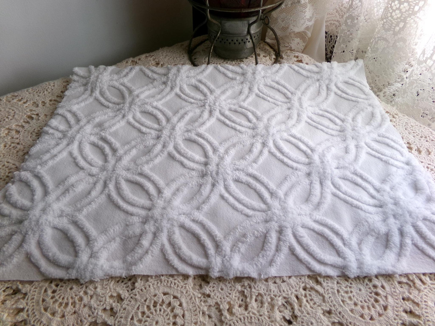 versatile white vintage chenille fabric, classic wedding ring design, 15.5" x 23" inch piece of sewing material for quilts, crafts