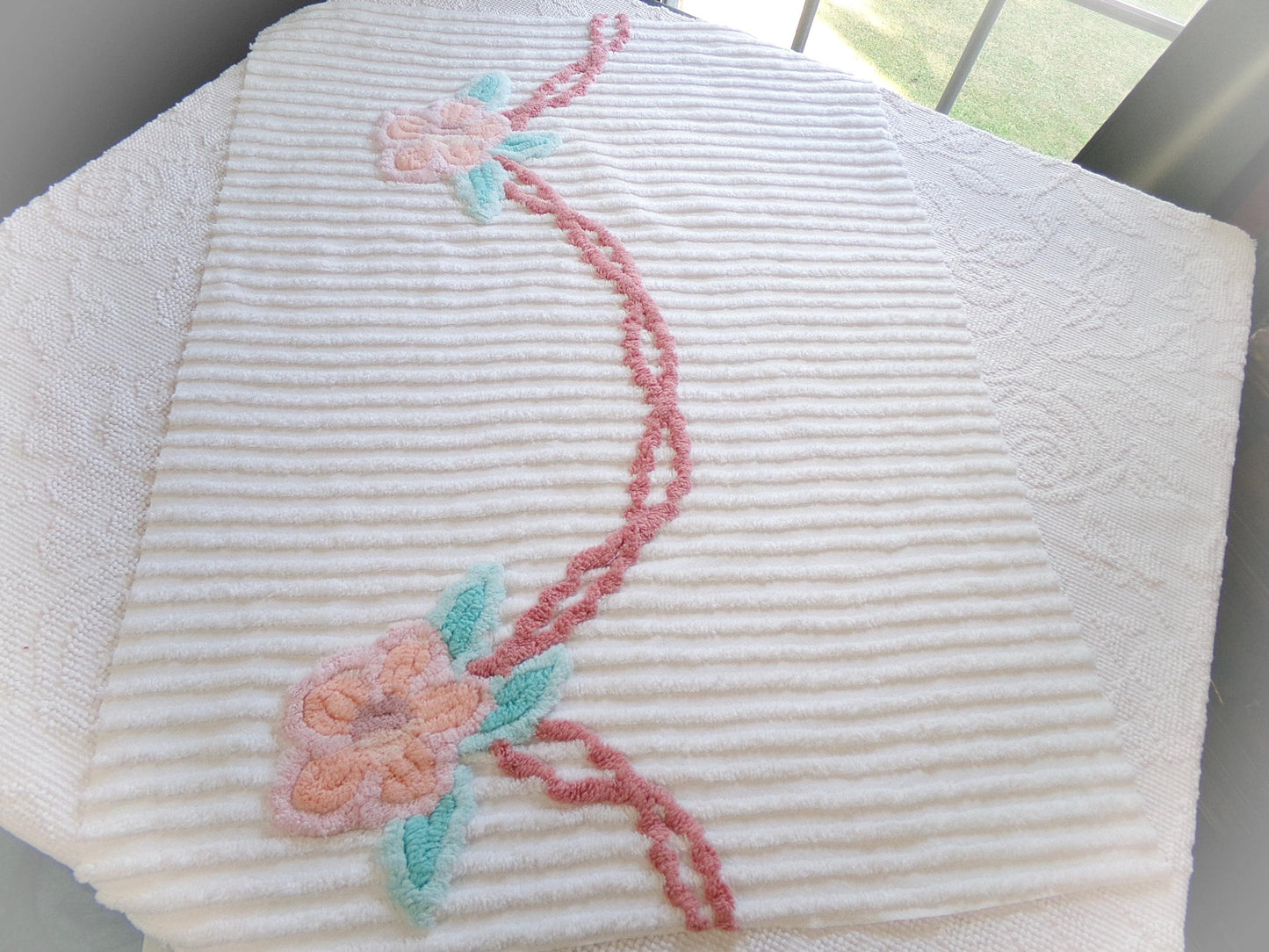 rose garland vintage chenille fabric, floral 20" x 29" piece of white cotton sewing material for crafts, pillows