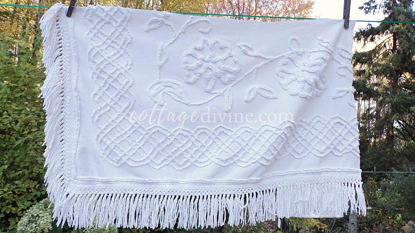 Farmhouse Style White Floral Chenille Fabric, Vintage 16" x 28" inch Piece, Great for Pillows & Quilting