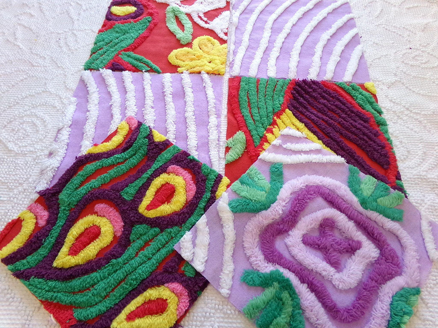 sassy 'n sweet chenille fabric squares, 7.5" vintage quilt blocks in lavender & rich red, set of 6 for sewing, crafts, quilting