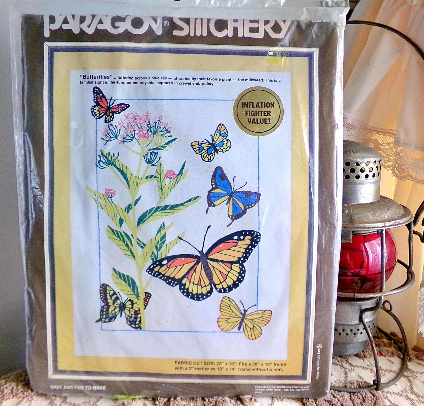 BUTTERFLIES Crewel Stitchery Kit, Vintage Paragon Needlecraft Embroidery, Natural Earthy Hippie Design, Georgia Ball, # 0947