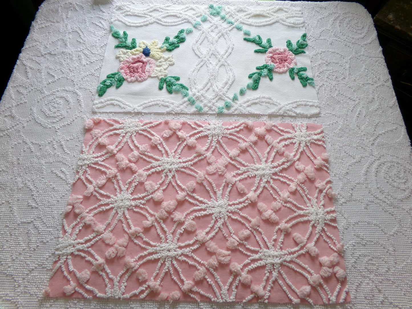 Cottage Style Vintage Chenille Fabric Bundle for Sewing, Quilting in Pink Floral, White & Green | 2 Pieces 12" x 18" each