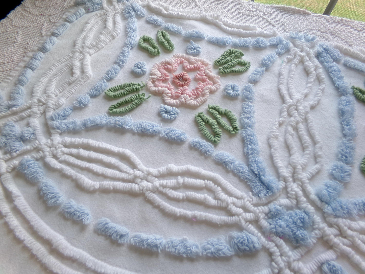 cottage chic vintage chenille fabric: pink & blue floral 24" x 24" cut piece sewing material