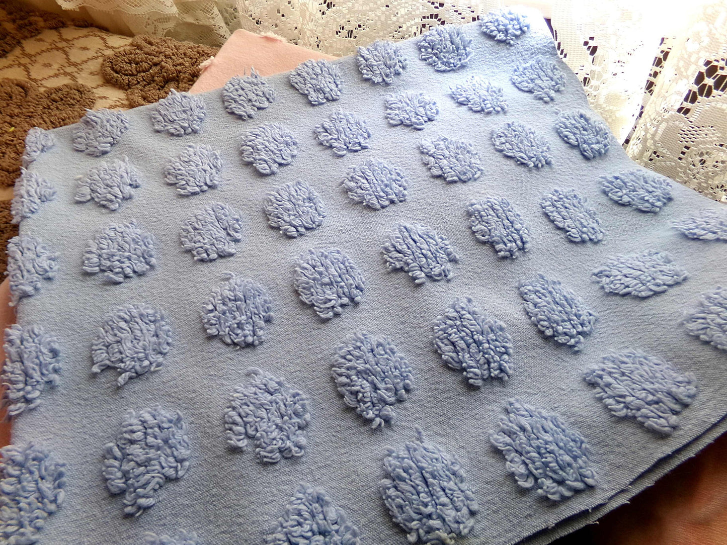 big blue coin pops chenille fabric, vintage style dots on serene blue cotton, 21" x 24" piece of sewing material for crafts & quilting