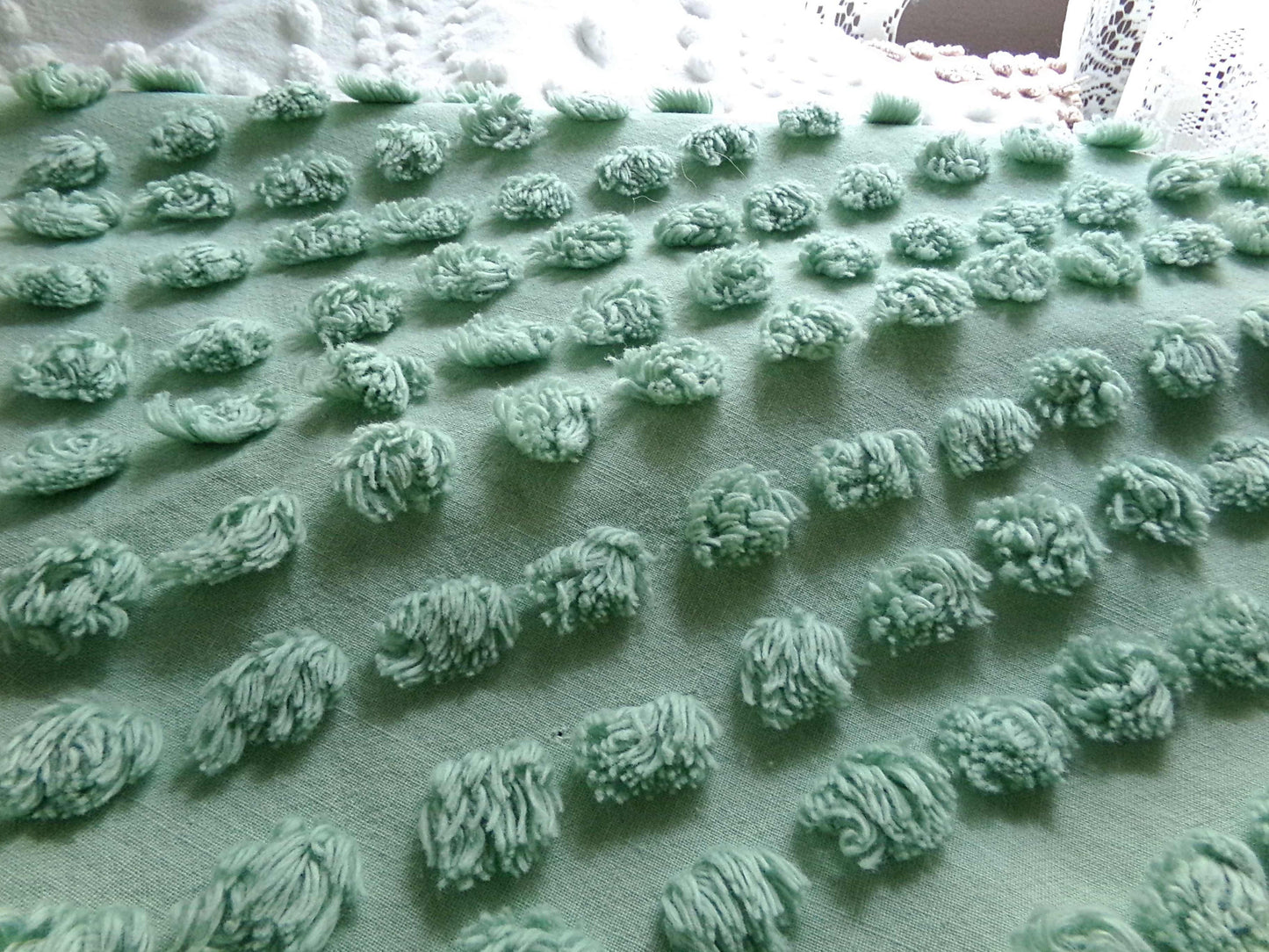 Vintage "Money Tree Green" Chenille Fabric, 20" x 25" inch Piece, Cute Puffy Dots, Great for Handmade Quilts, Crafts