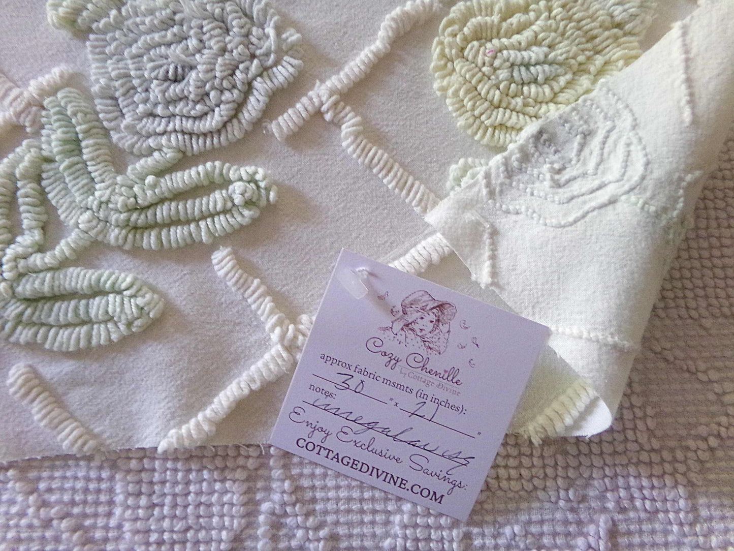Pastel Spring Floral Wreaths Vintage Chenille FABRIC PIECE, 21" x 30" inches, Antique Cream