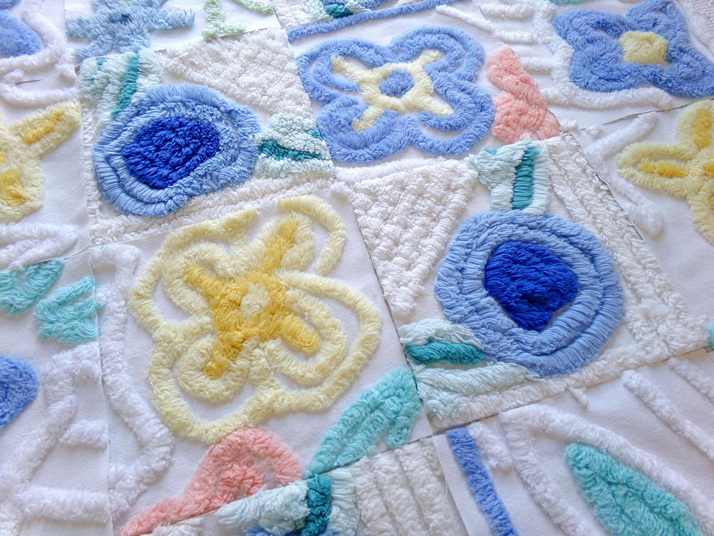 vintage 6" chenille fabric squares, set of 16 quilt blocks, blooming blue flowers