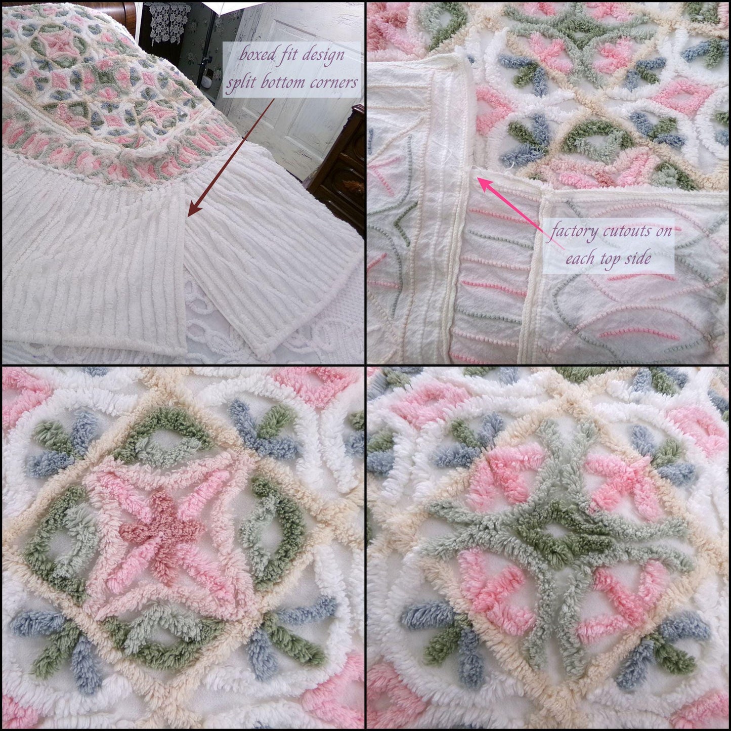 pink sea urchins twin size chenille bedspread, white cotton vintage cottage style bedding, boxed & fitted luxury design with ruffle skirt