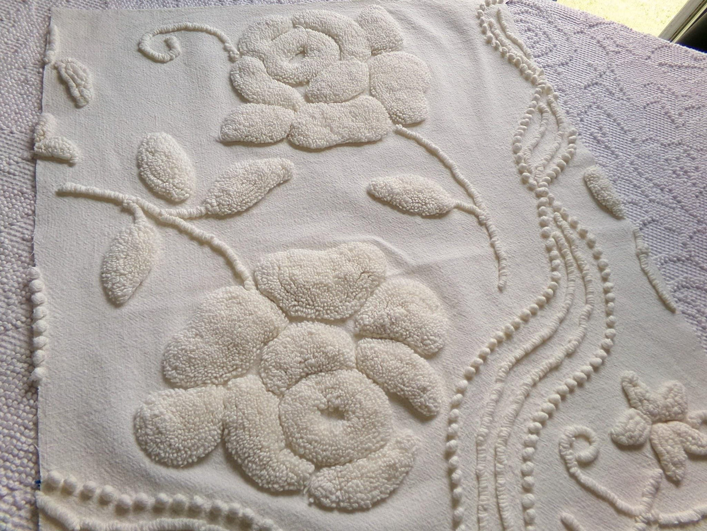 stylized ivory roses vintage chenille fabric, 100% cotton 16" x 21" cut piece w/ sprawling heavily tufted rose design for crafts, sewing