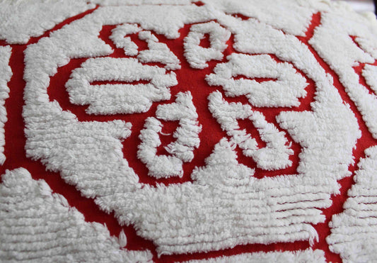 Festive Red Chenille Fabric in Vintage White Daisy Design, 19" x 26" Inch Piece, Unique Geometric Design, Ideal for Festive Crafts