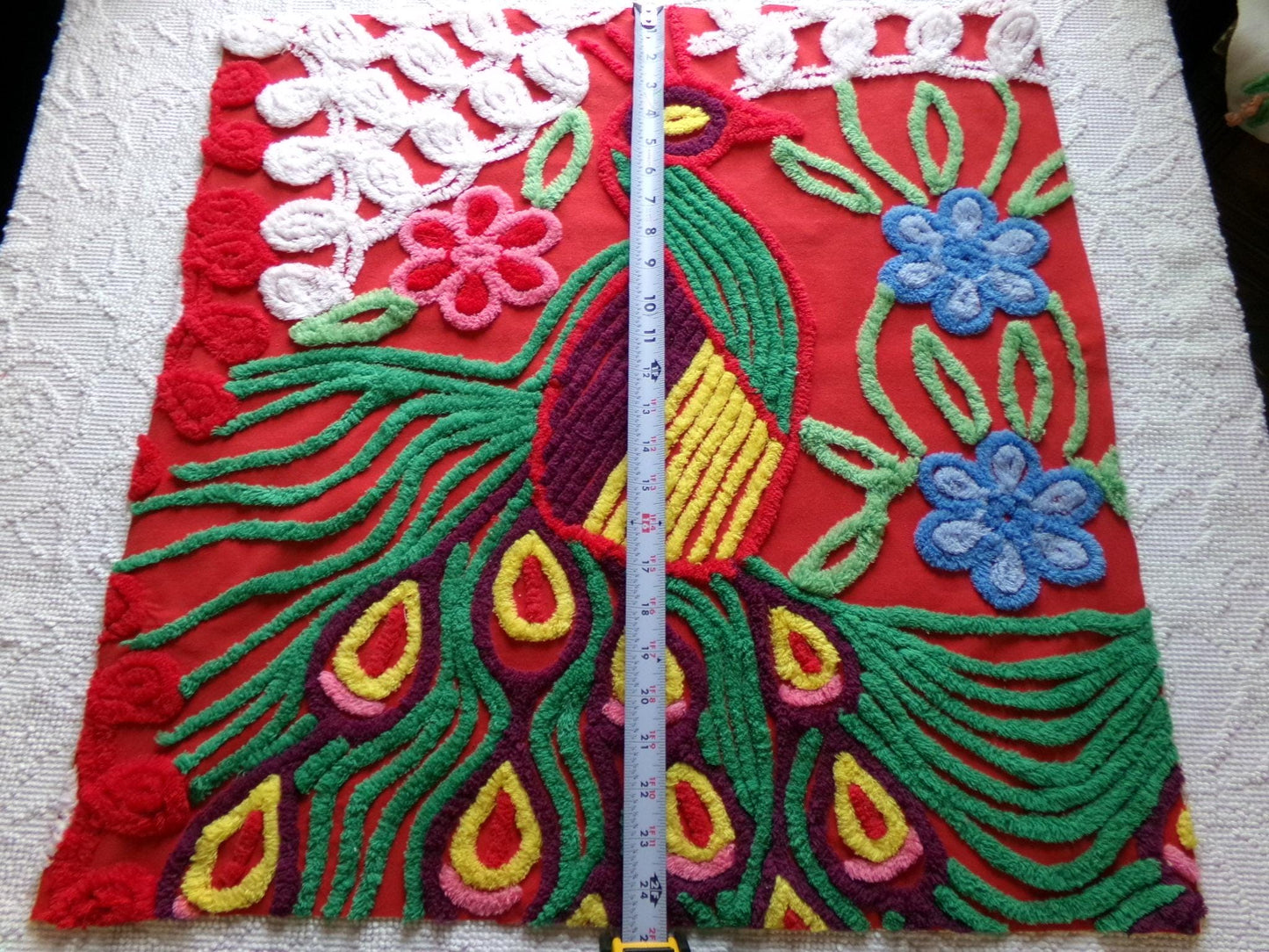 peacock vintage chenille fabric panel in saturated red, exotic material for a wall hanging or pillow, 23" x 24" inch piece
