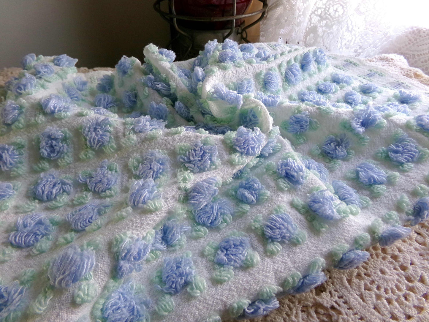 Heavenly Blue Rosebud Vintage Chenille Fabric, Morgan Jones Rose Design, 24" x 18" inch Piece, Angelic Raised Roses on White