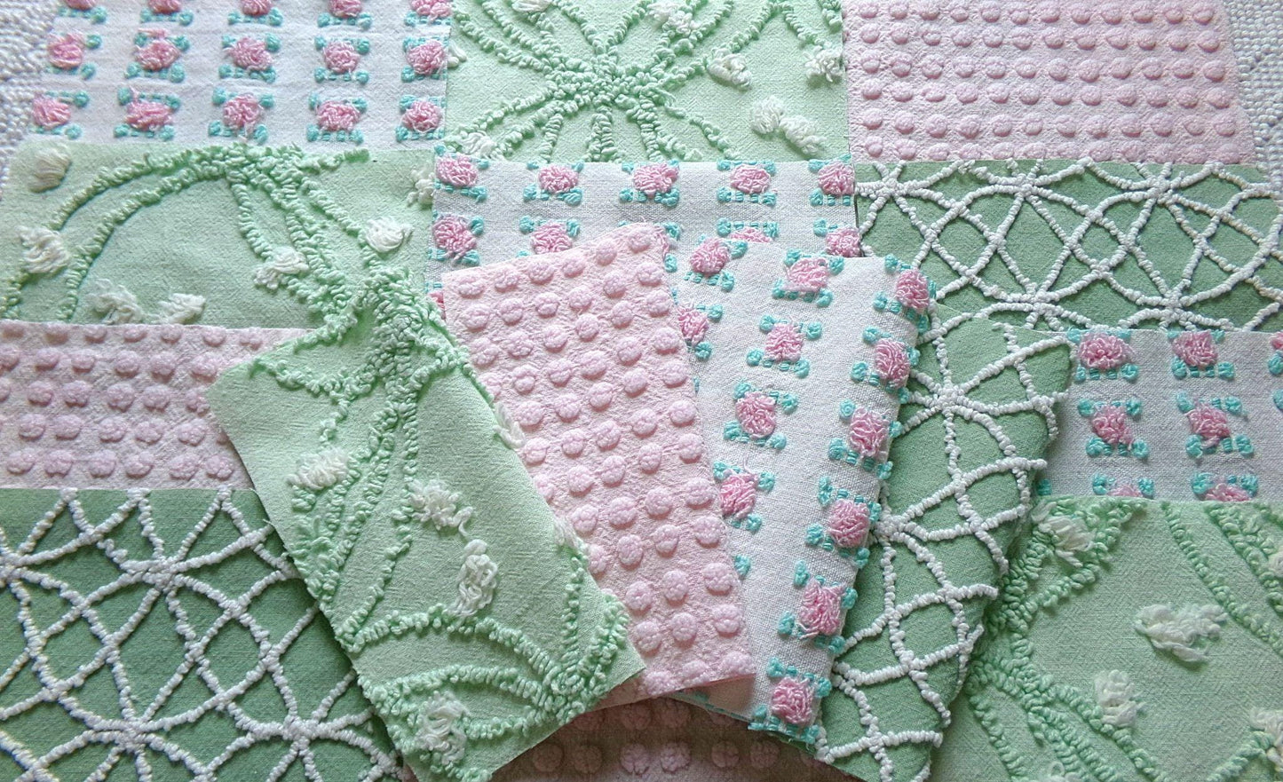 secret garden chenille fabric squares, 16 vintage 6" quilt blocks in pink & green, for sewing, crafts, fiber arts