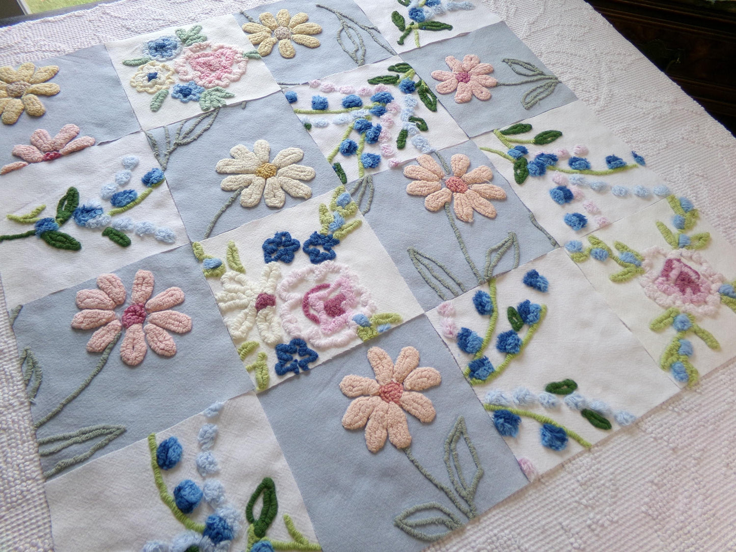 vintage chenille fabric squares, "barefoot in the meadow" set of 16 floral 6" quilt blocks in sky blue daisy, lupine flowers & roses
