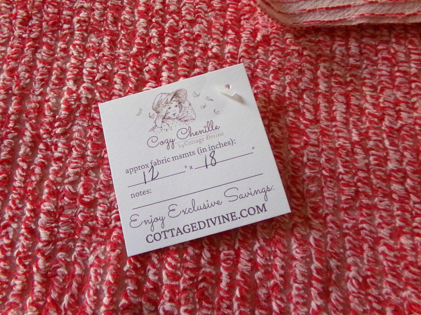 Peppered Red & White Skinny Stripes Fabric from Vintage Chenille Bedspread, 12" x 18" inch Piece, Fun and Festive