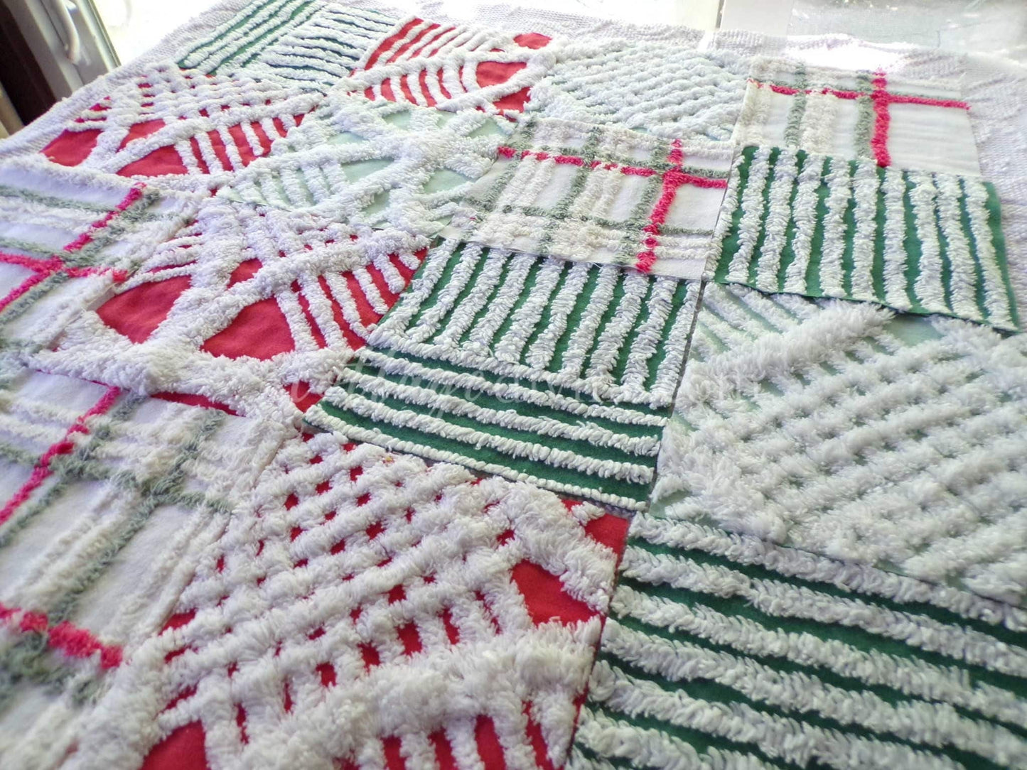 Christmas Quilt Squares Set, Rotary Cut from Vintage Chenille Bedspread Fabric, 16 Blocks, 6" x 6" inch, Traditional Red, Green & White