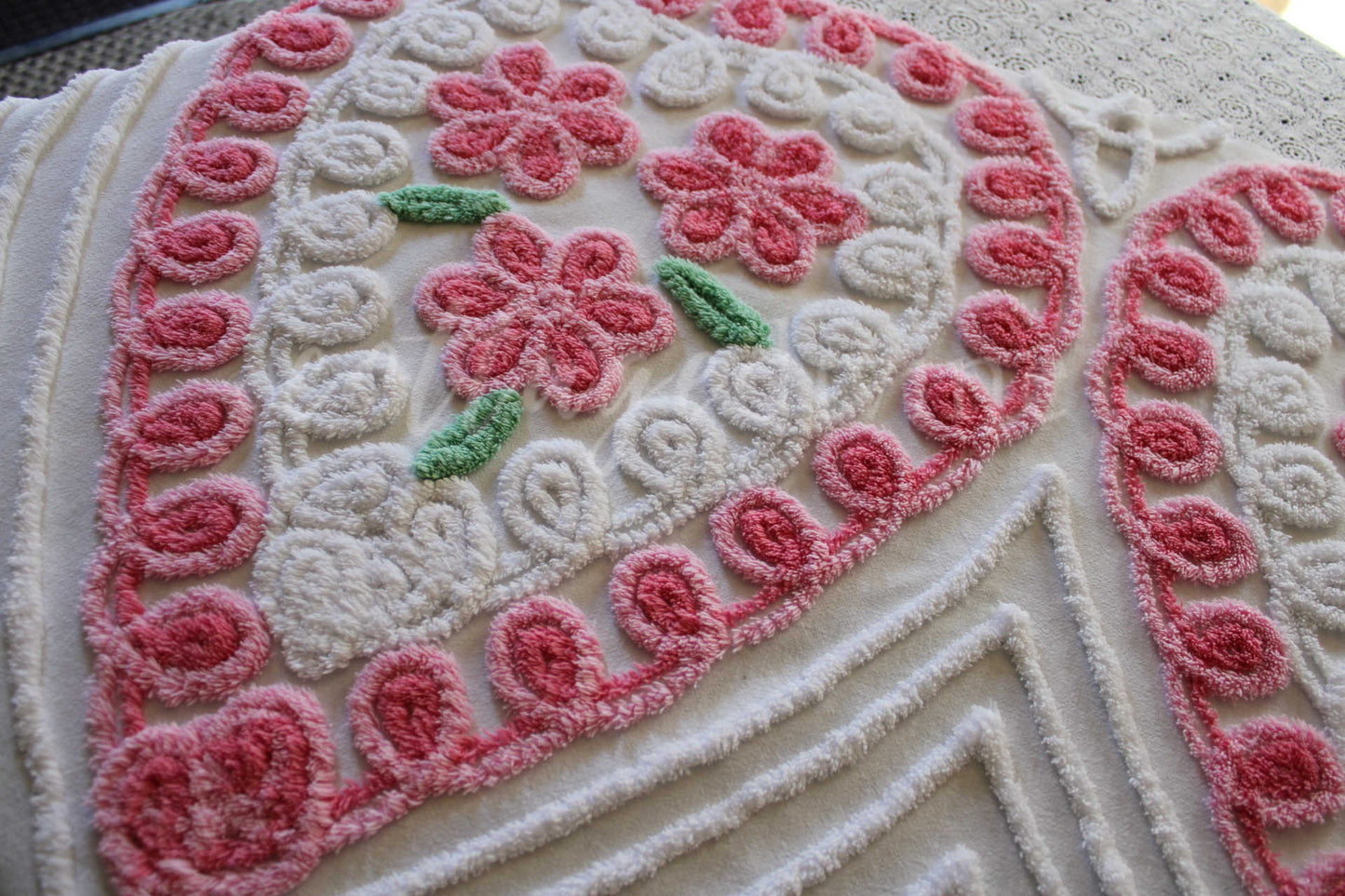 Pink Rose Candy Hearts Vintage Chenille Fabric, 27" x 42" Inch LARGE Piece, Cute Floral Trios on White Cotton, Great for Quilting & Pillows