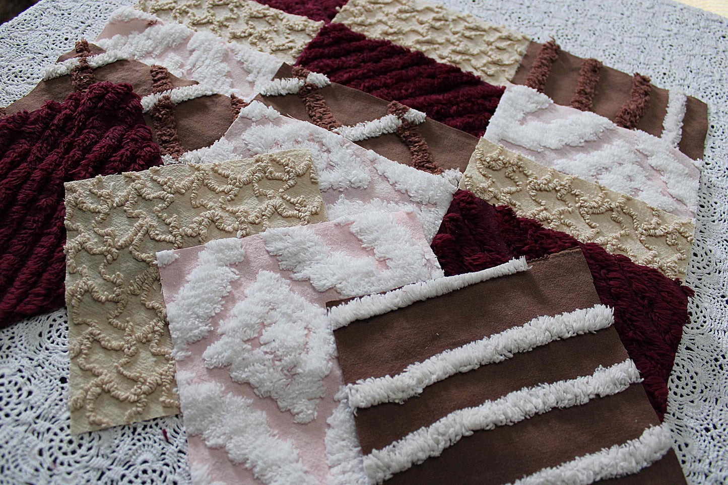 chocolate raspberry chenille fabric squares, 16 vintage quilt blocks, 6" x 6" inches ea, great shades of brown, merlot, mocha, white
