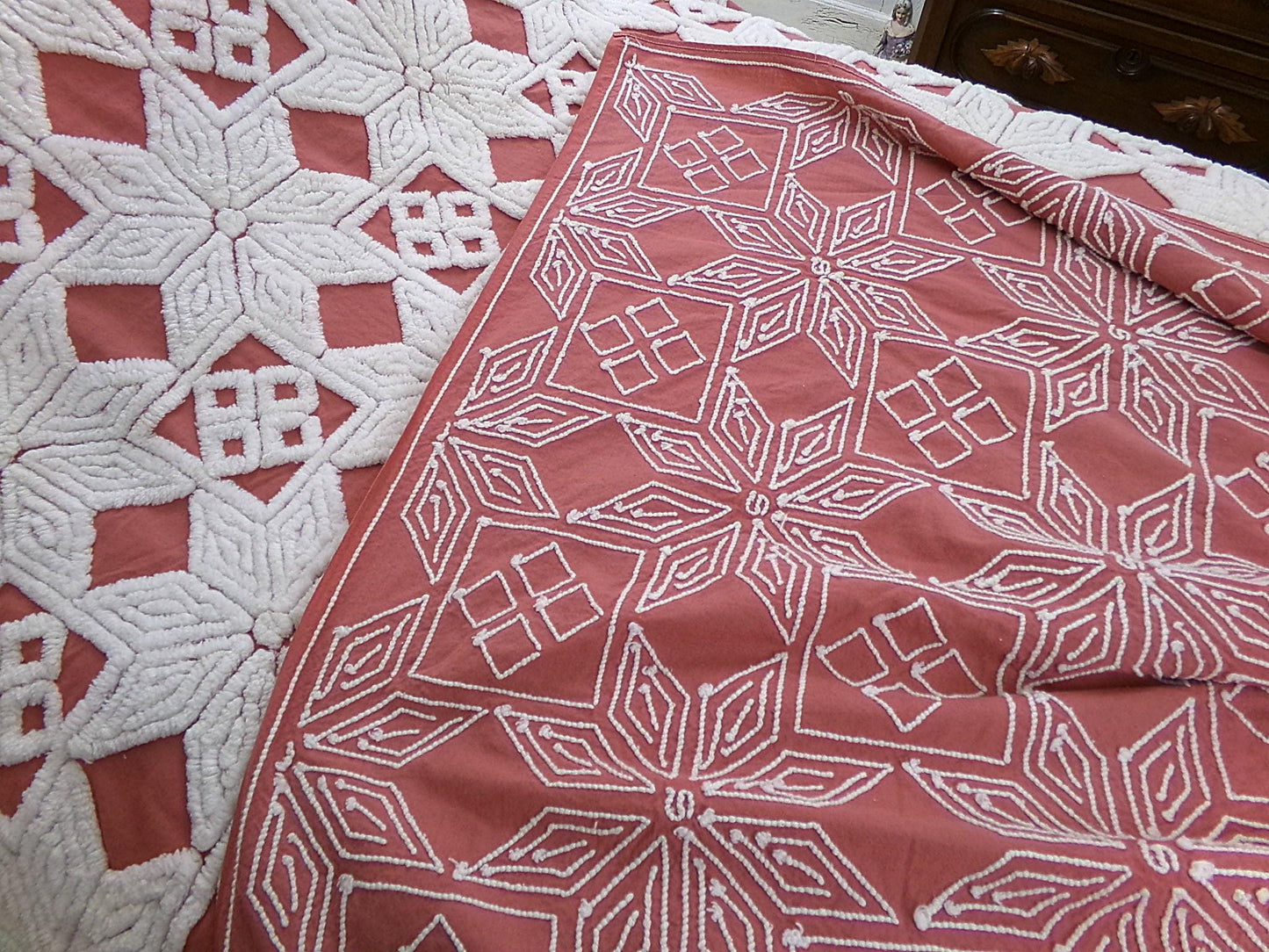 Modern Boho Terracotta Chenille Bedspread, Rustic Eight Point Star Vintage Quilt Style Design, Full Size Country Bedding