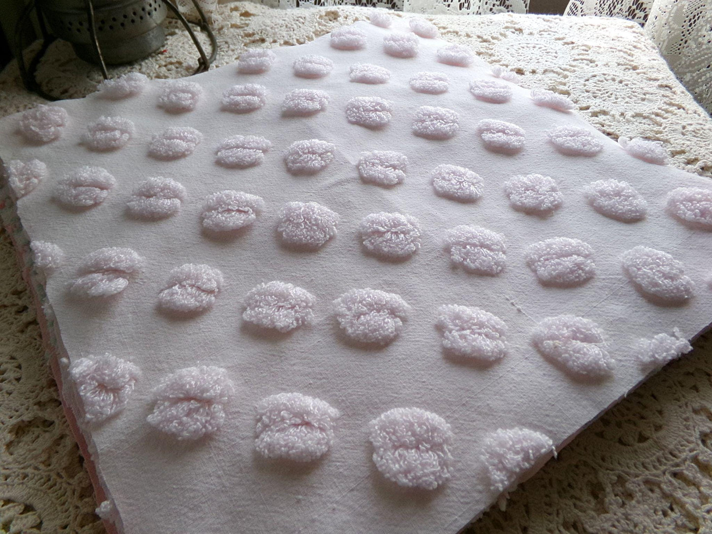 tickle me pink chenille fabric squares, set of 4 vintage large quilt blocks 12" inches ea, rosebud, pops, stripes, infinity tuft