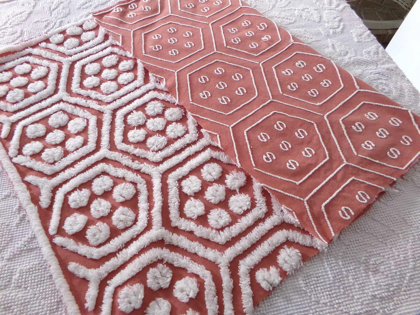 Hippie Hexagon Reversible Vintage Chenille Fabric, Sewing Quilting Material in Boho Style Terracotta & White, 22.5" x 30" inch Piece