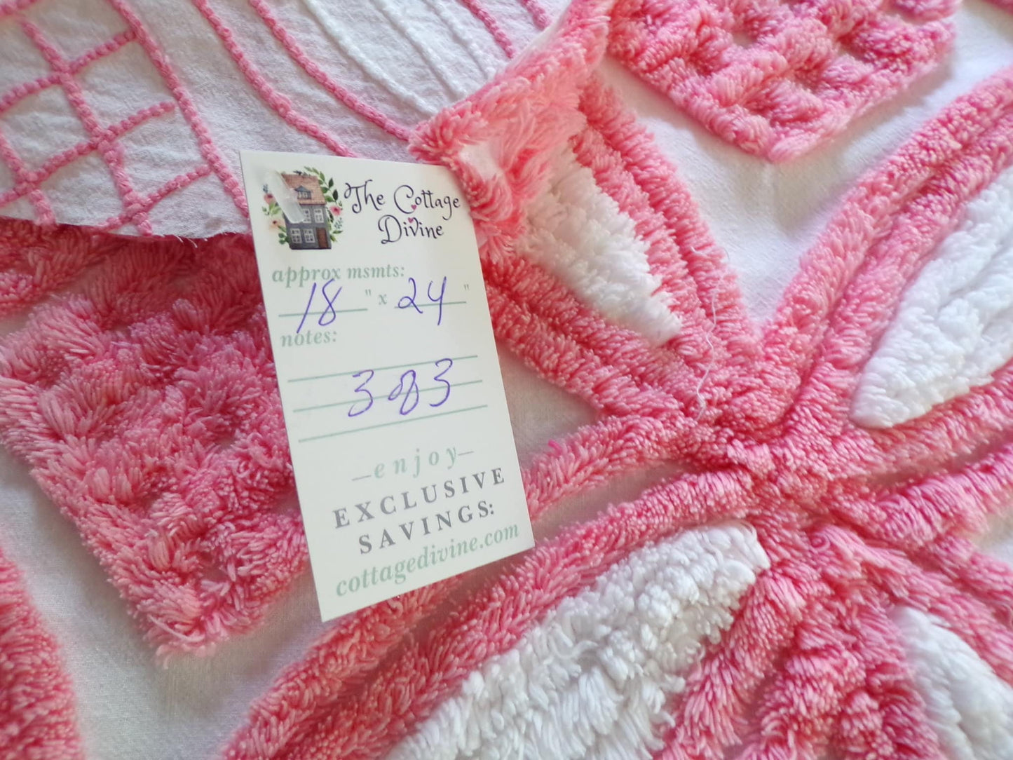 Super Plush Pink & White Chenille Fabric, 18" x 24"-inch Piece, Geometric Print, Vintage 100% Cotton