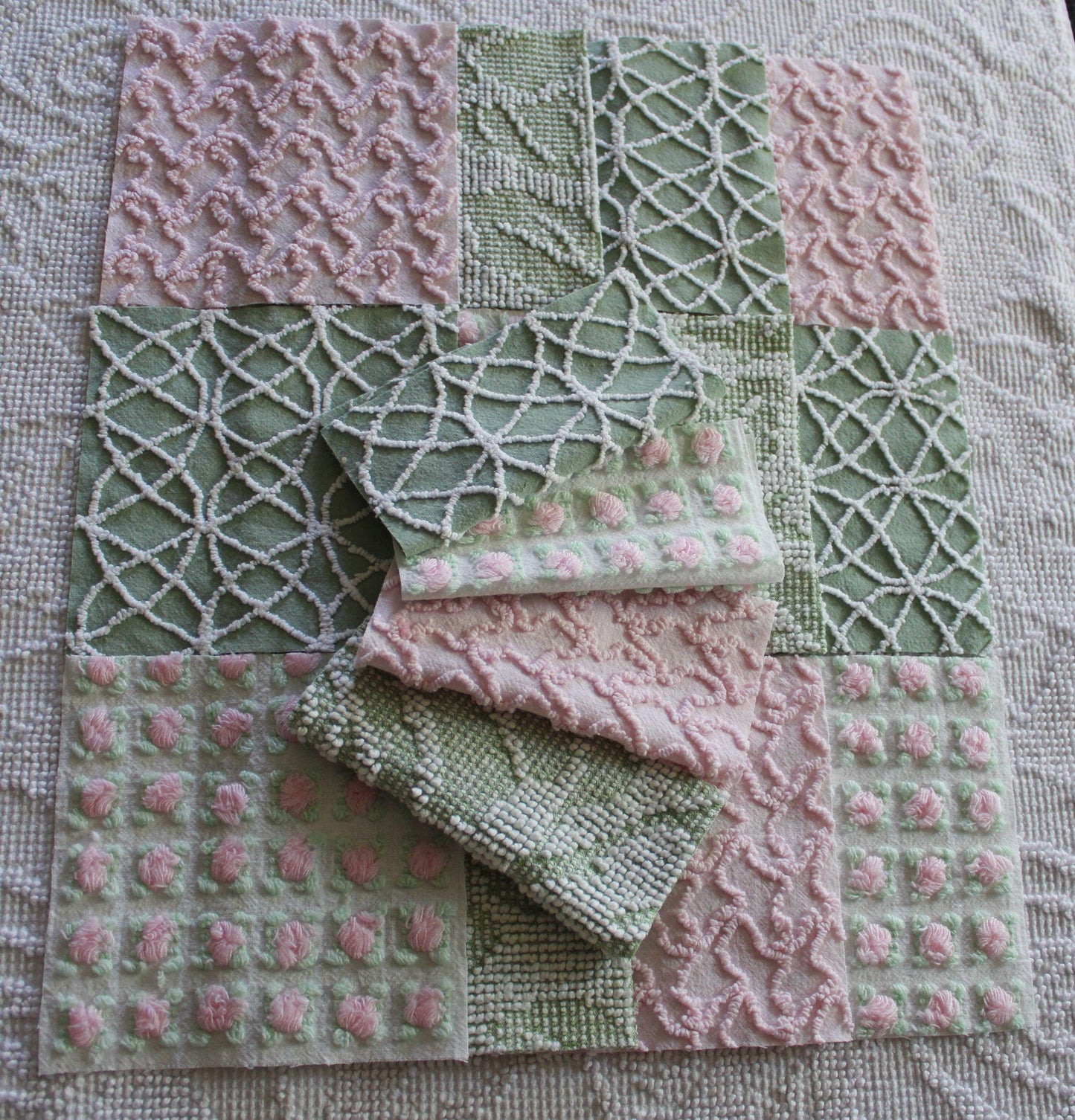 rosy romance chenille fabric squares, set of 16 vintage quilt blocks 6" inches ea, squiggle, hobnail, rosebud texture in jade & pink rose