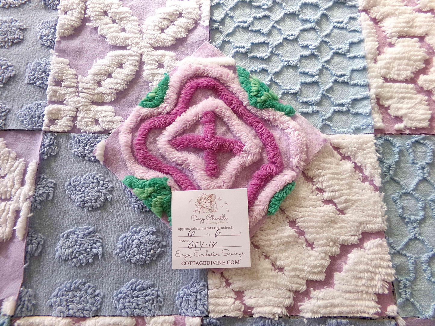 sleep sweetly chenille fabric squares, calming blue, lilac & white, 17 vintage quilt blocks 6" x 6" inch, for pillows, quilting, crafts
