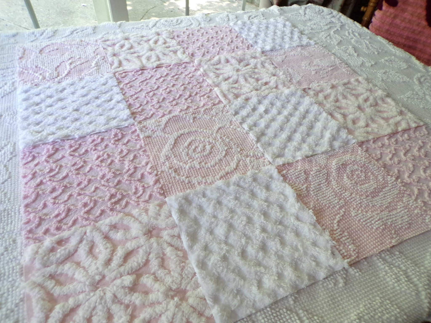 Pastel Pink & White Quilt Squares Set, Rotary Cut from Vintage Chenille Bedspread Fabric, 16 Blocks, 6" x 6" inch