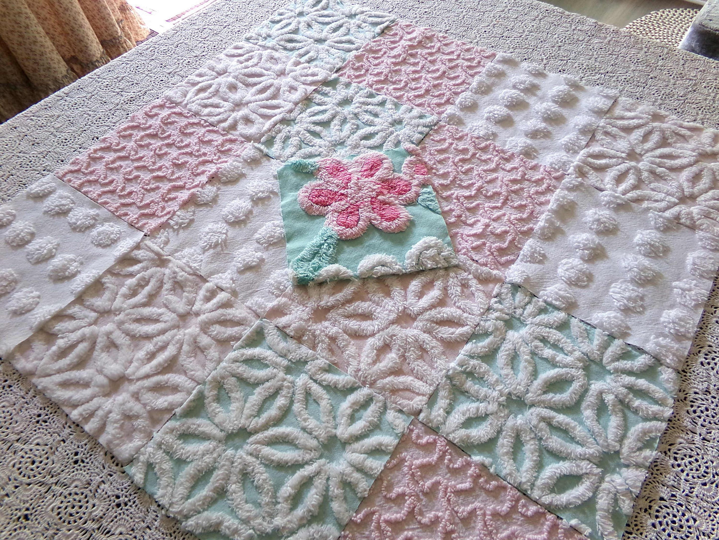 cottage chic 6" chenille squares, set of 17 aqua, pink & white quilt blocks cut from vintage chenille bedspread fabrics, daisies 'n dots